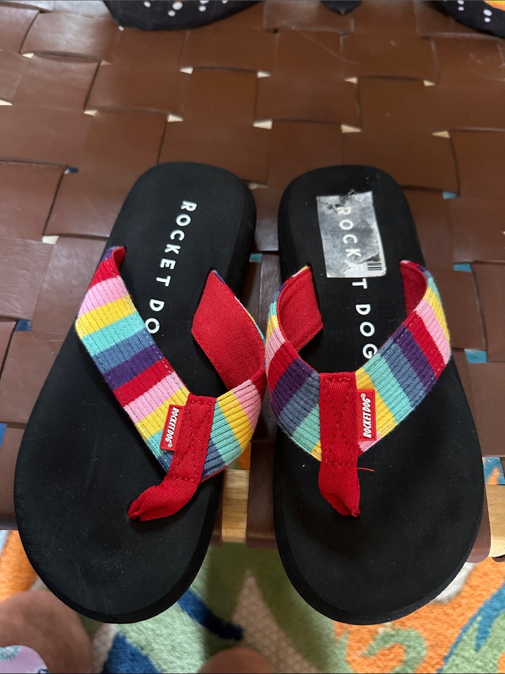 Rocket Dog Black Flip Flops with Rainbow Straps